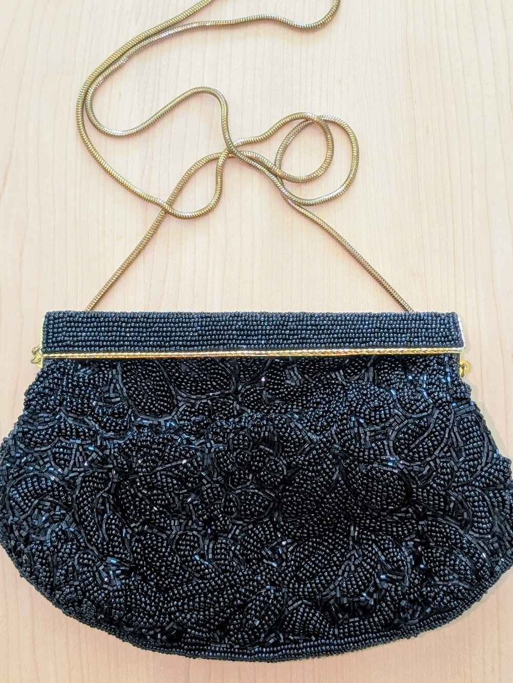 Vintage Black Beaded Shoulder Clutch with Gold Chain Strap